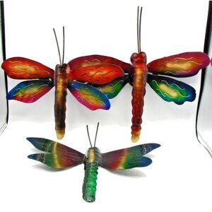 Lot 3 Large Metal Dragonfly Garden Art Display Decor Iridescent Rainbow Glossy
